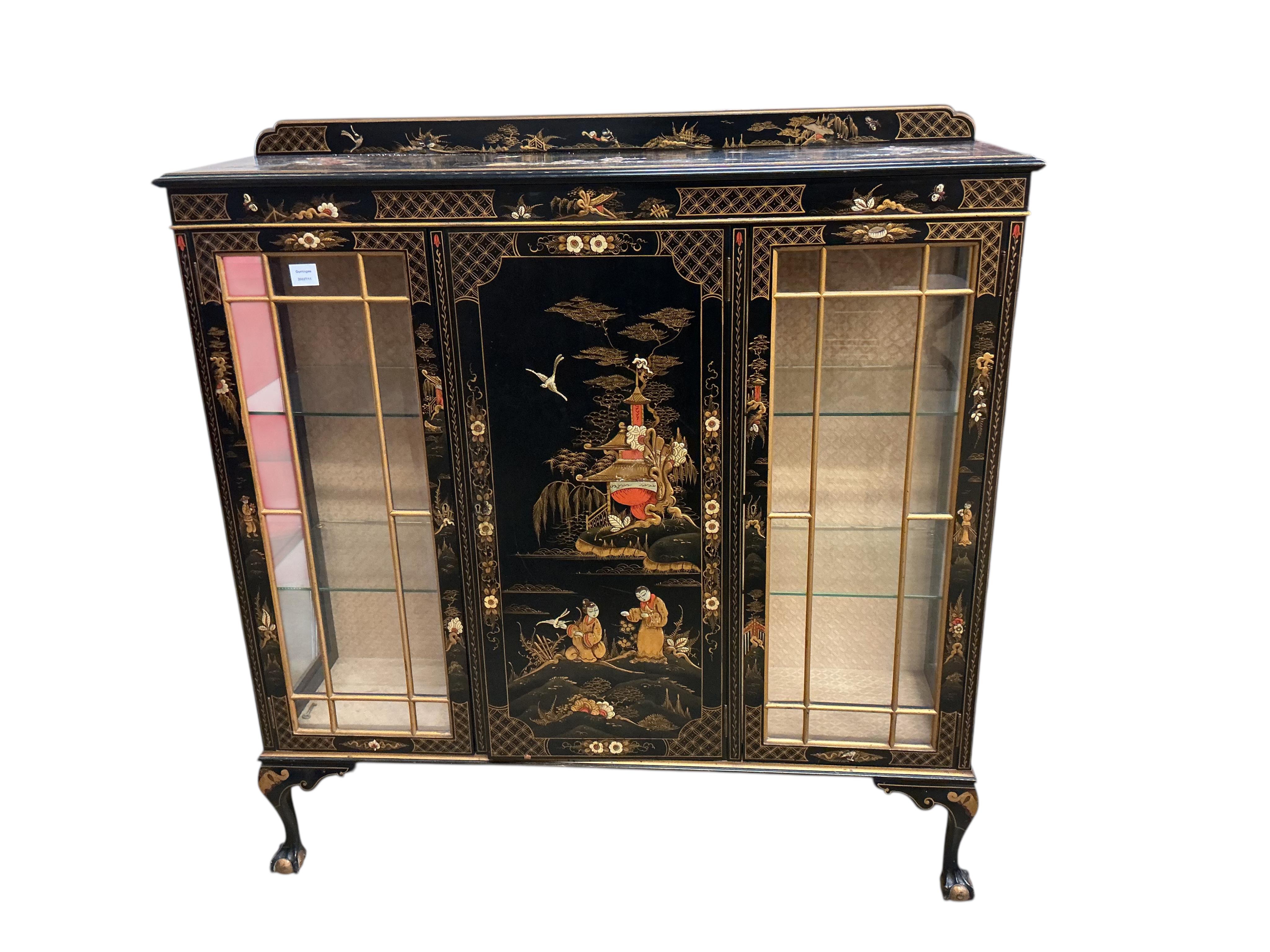 An early 20th century chinoiserie lacquer display cabinet, width 124cm, depth 34cm, height 130cm